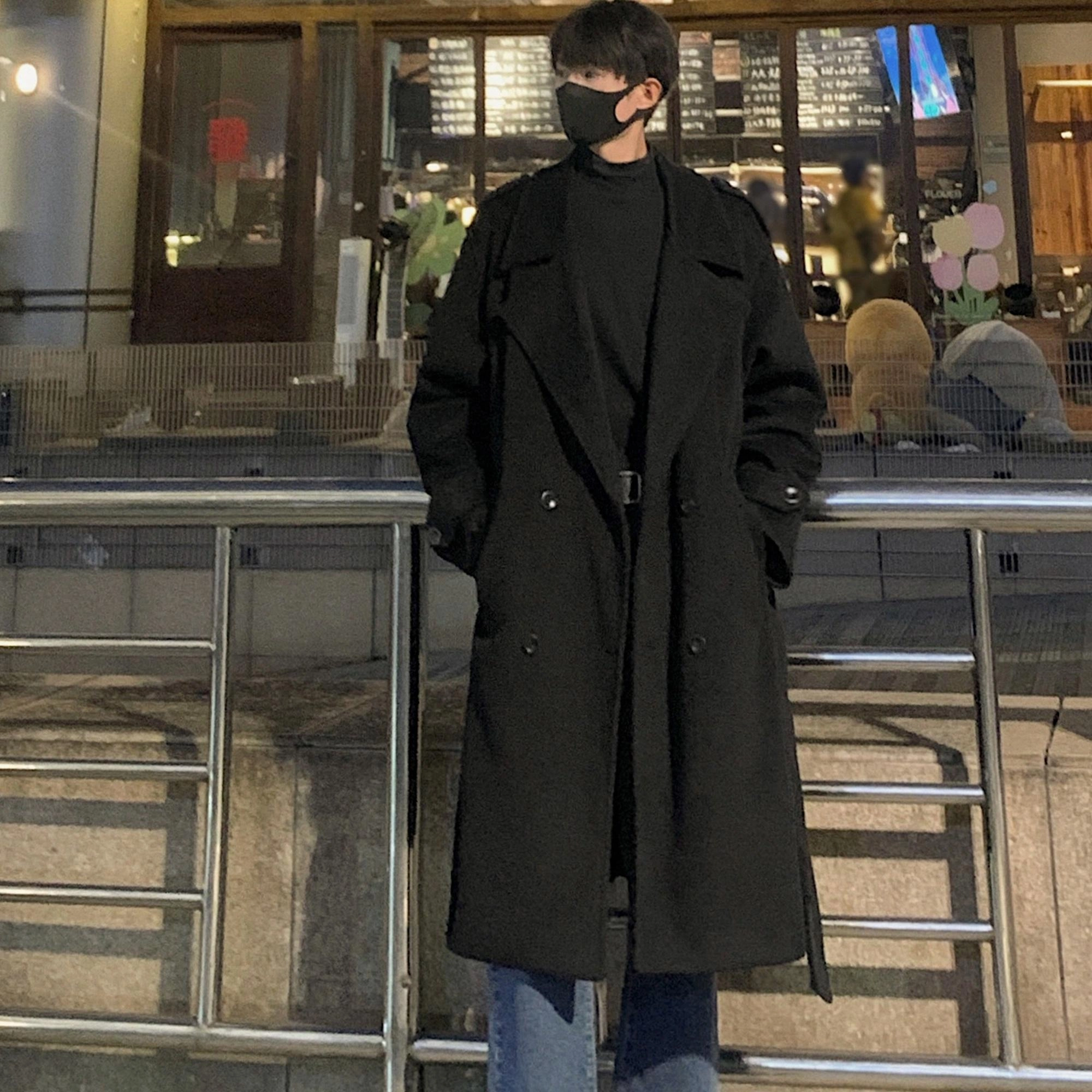 纯色单排扣西装领时尚简约宽松百搭过膝收腰风衣 男女同款