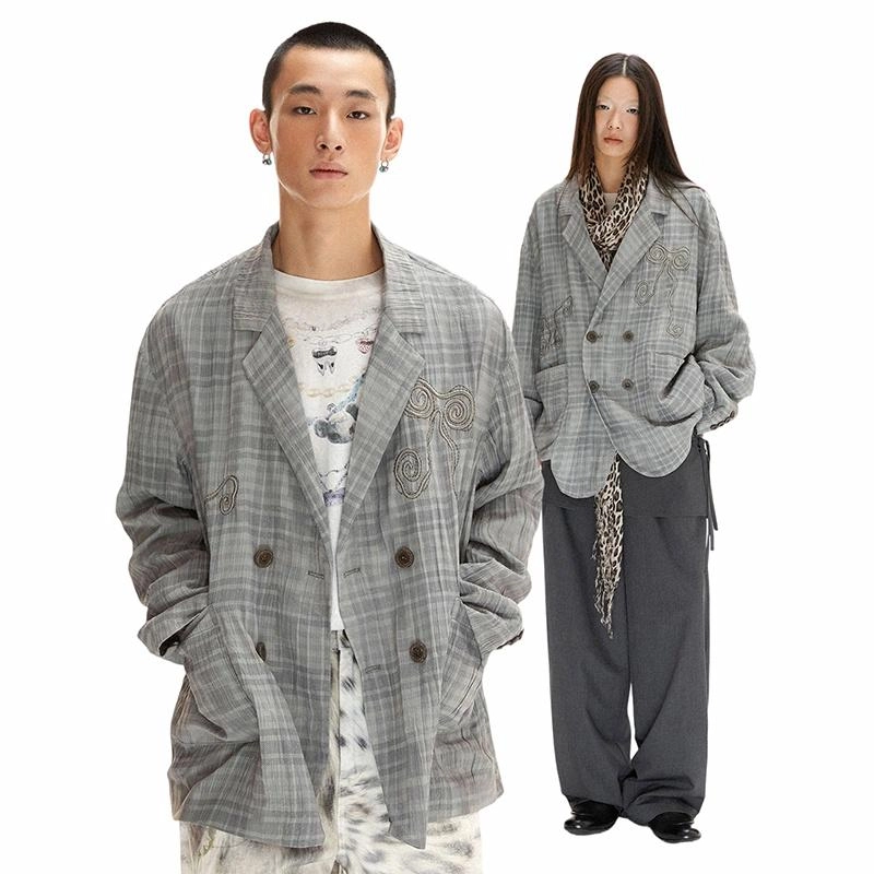 物理少年 格林手册格子绣花褶皱定制腰果花里布垂坠休闲西装 男女同款 绿豆灰