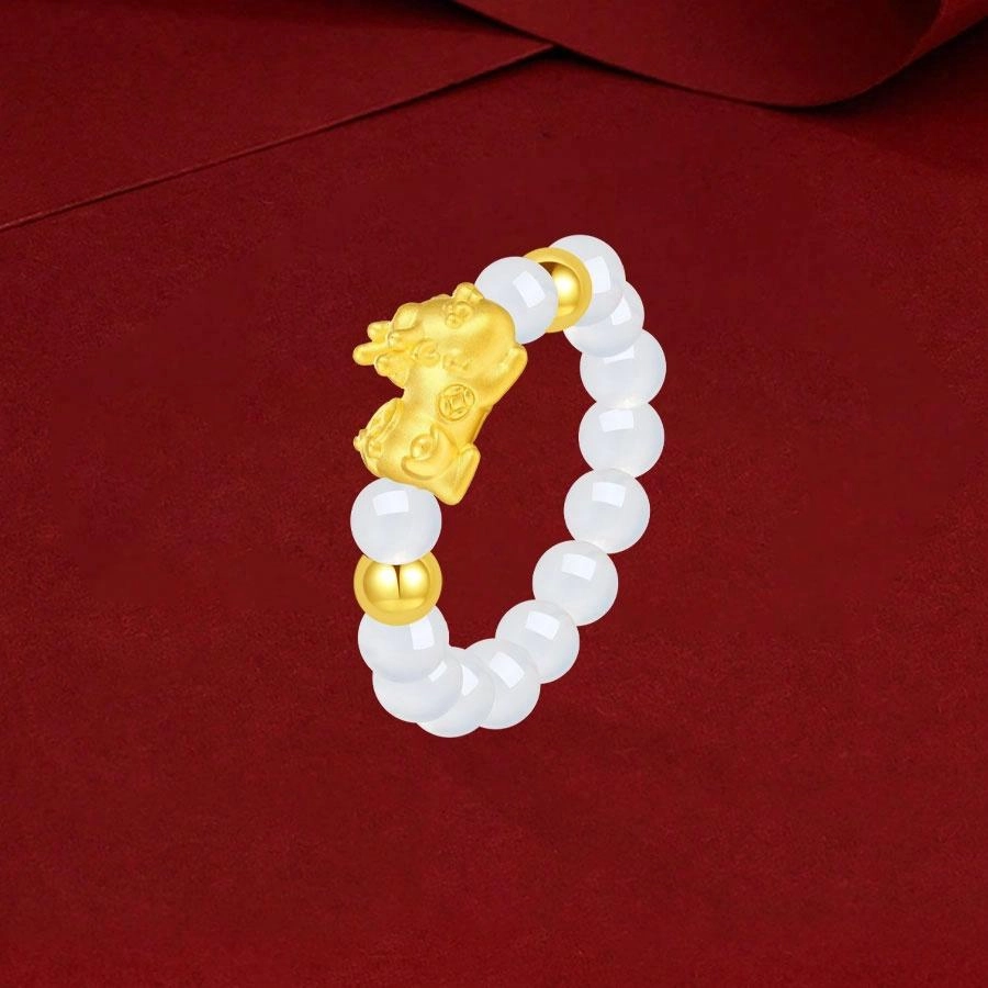 【999纯金】 金师傅 貔貅转运珠对戒 招财纳福吞金兽新中式国潮复古气质简约百搭小众高级#好运 玛瑙 玉石戒指 男女同款情侣款