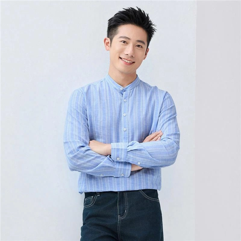 佐丹奴 纯色舒适立领梭织休闲长袖衬衫 男款