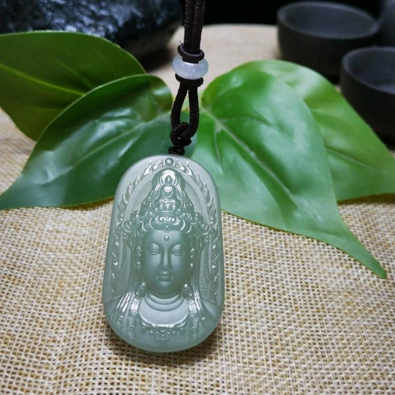 静汝玉 国风简约好运连连吉祥观音头 和田玉项链 青白玉 男女同款情侣款