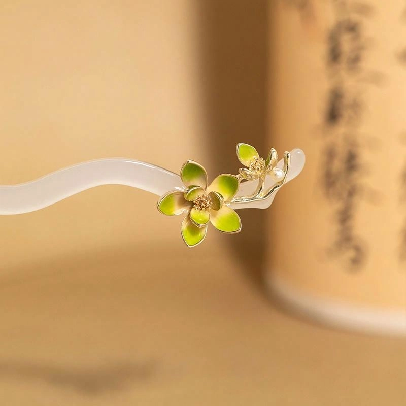 沂茹 新中式森系文艺小清新渐变绿色花朵 国潮古风素雅温柔精致日常通勤百搭 板材 发簪 女款