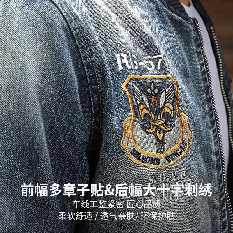 季言 休闲帅气工装复古纯棉刺绣棒球领牛仔外套 男款 蓝色