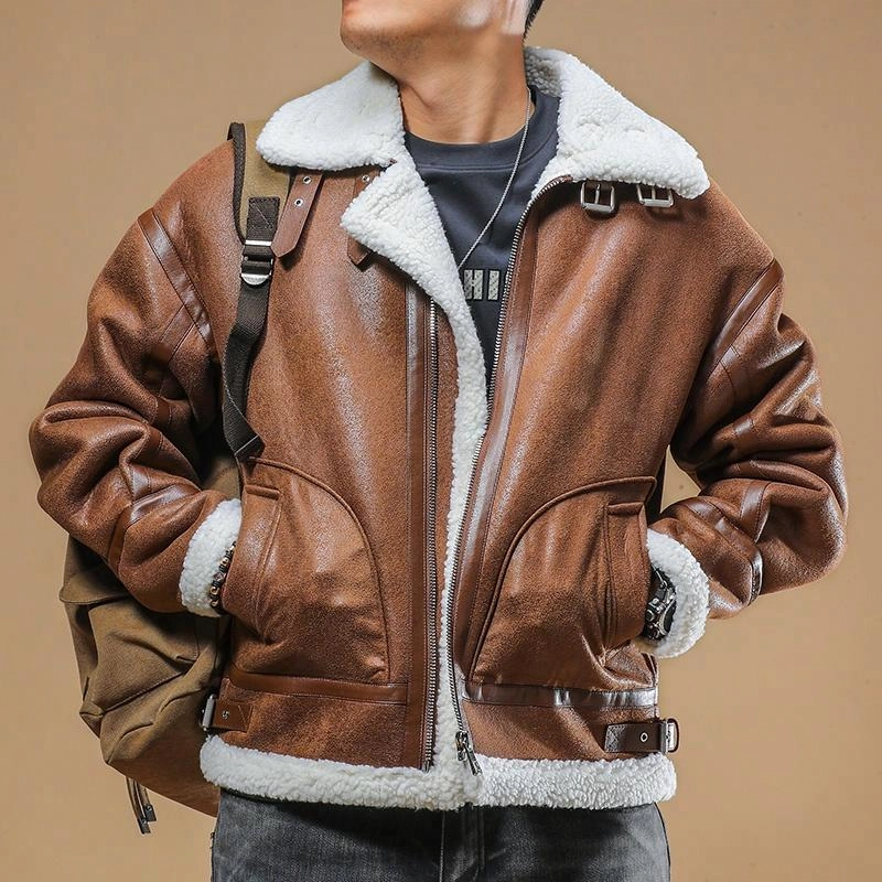 季言 超厚羊羔绒皮毛一体加绒保暖翻领棉服 男款