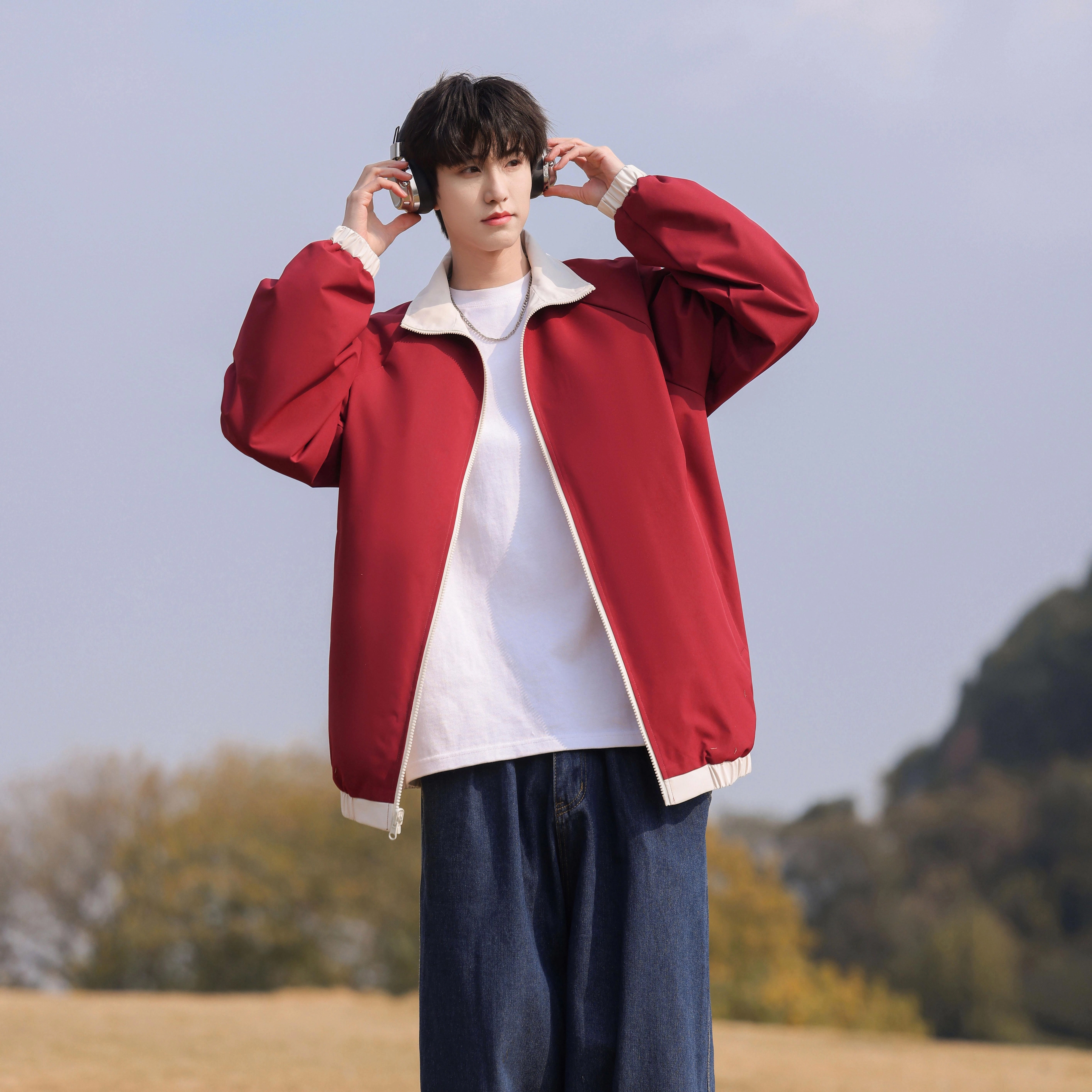 红蜻蜓 美式潮牌高街三条杠条纹宽松飞行服印花潮牌教练夹克外套 男女同款