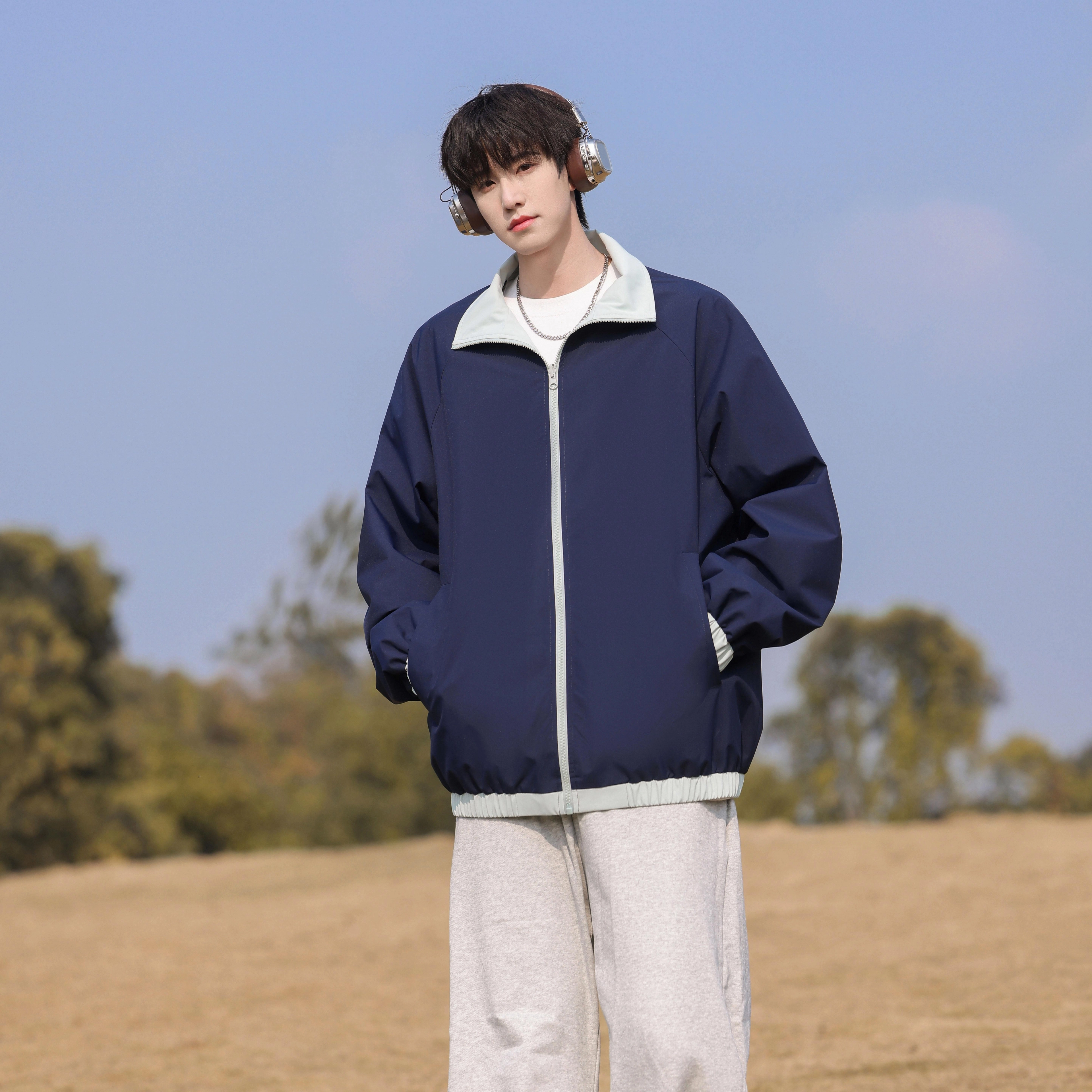 红蜻蜓 美式潮牌高街三条杠条纹宽松飞行服印花潮牌教练夹克外套 男女同款