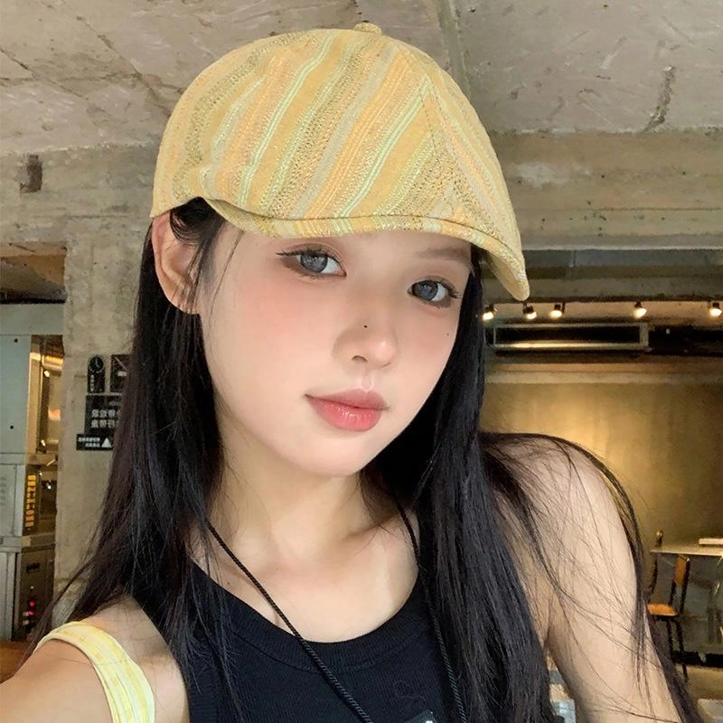 优莲茵 日系古着彩色条纹前进 复古百搭显脸小反戴 棉 贝雷帽 女款