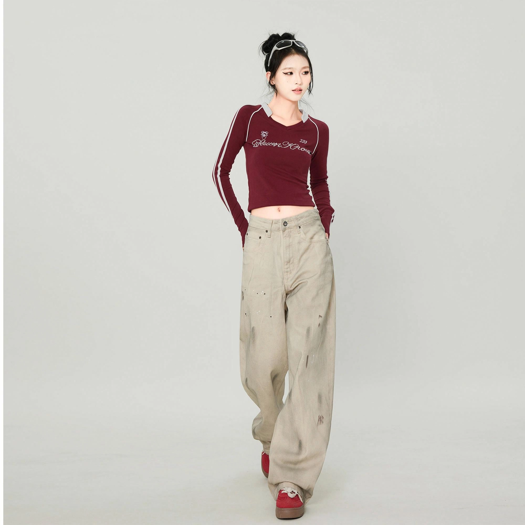 木林森 美式嘻哈街头做脏做旧点漆设计宽松阔腿百搭通勤休闲直筒牛仔裤 男女同款 脏白色