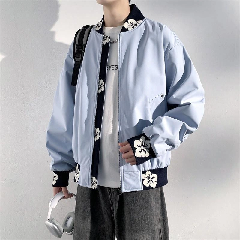 物质公式 美式高街复古潮流宽松百搭时尚花朵夹克外套 男女同款 黑色