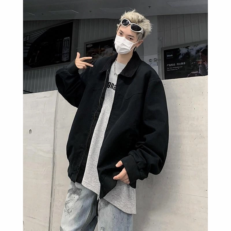 雅鹿 宽松休闲纯色飞行员教练翻领百搭长袖夹克外套 男女同款