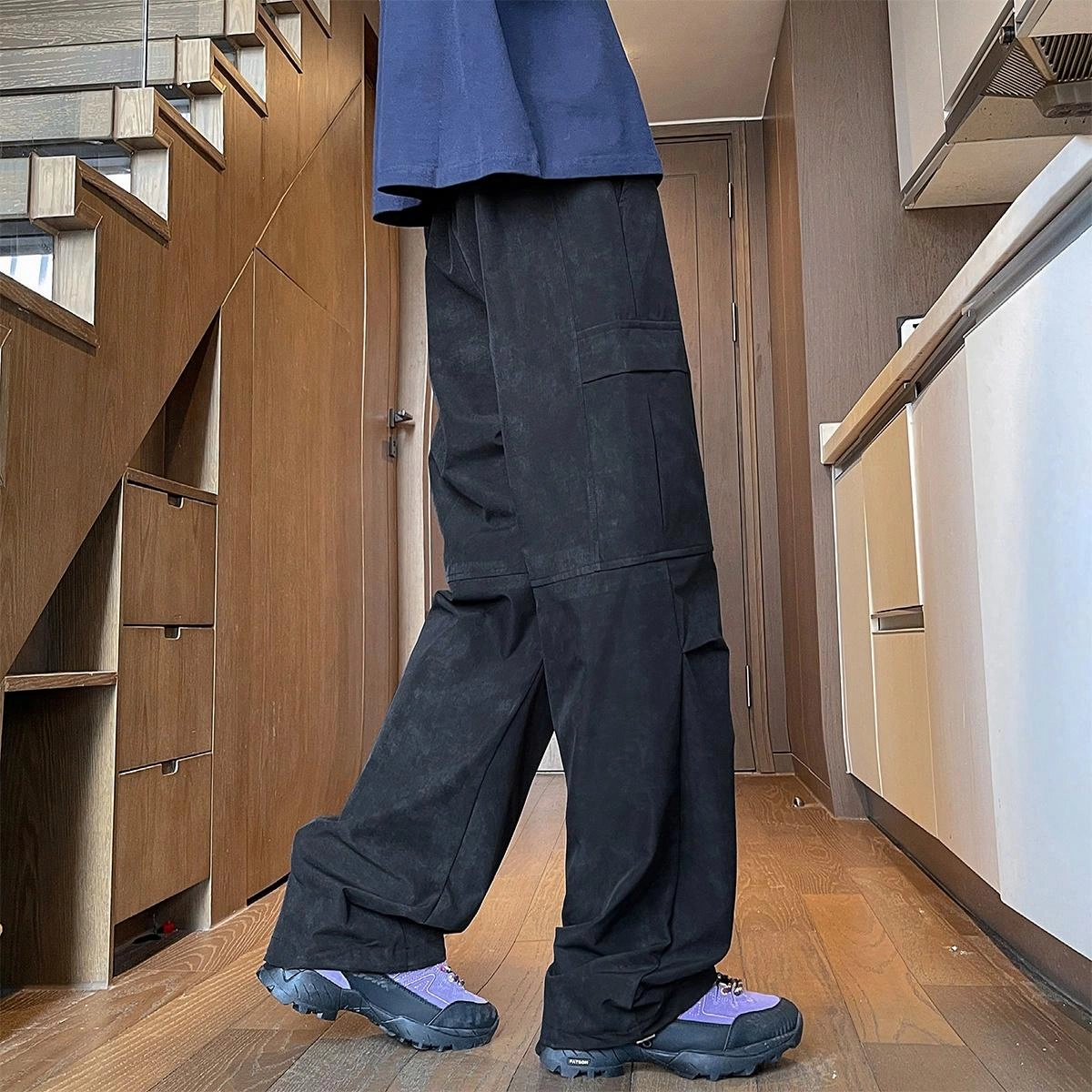 金贝勒 字母印花中腰宽松直筒系带工装裤 男女同款