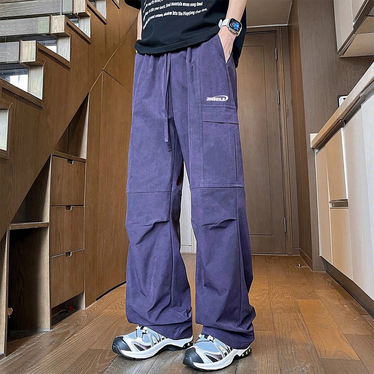 金贝勒 字母印花中腰宽松直筒系带工装裤 男女同款