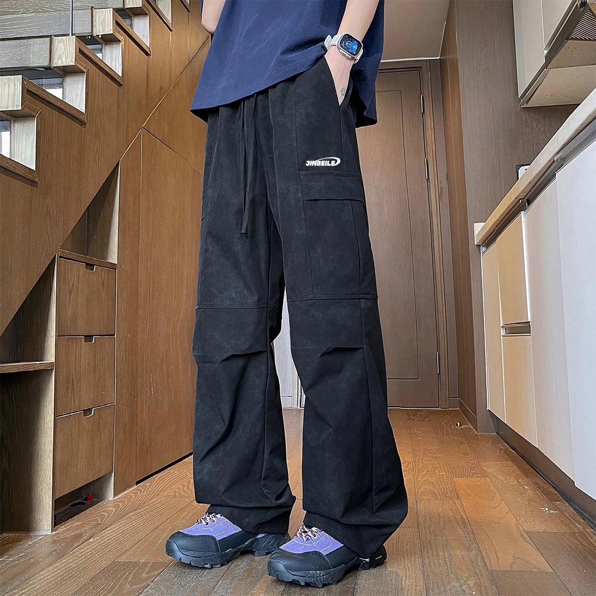 金贝勒 字母印花中腰宽松直筒系带工装裤 男女同款