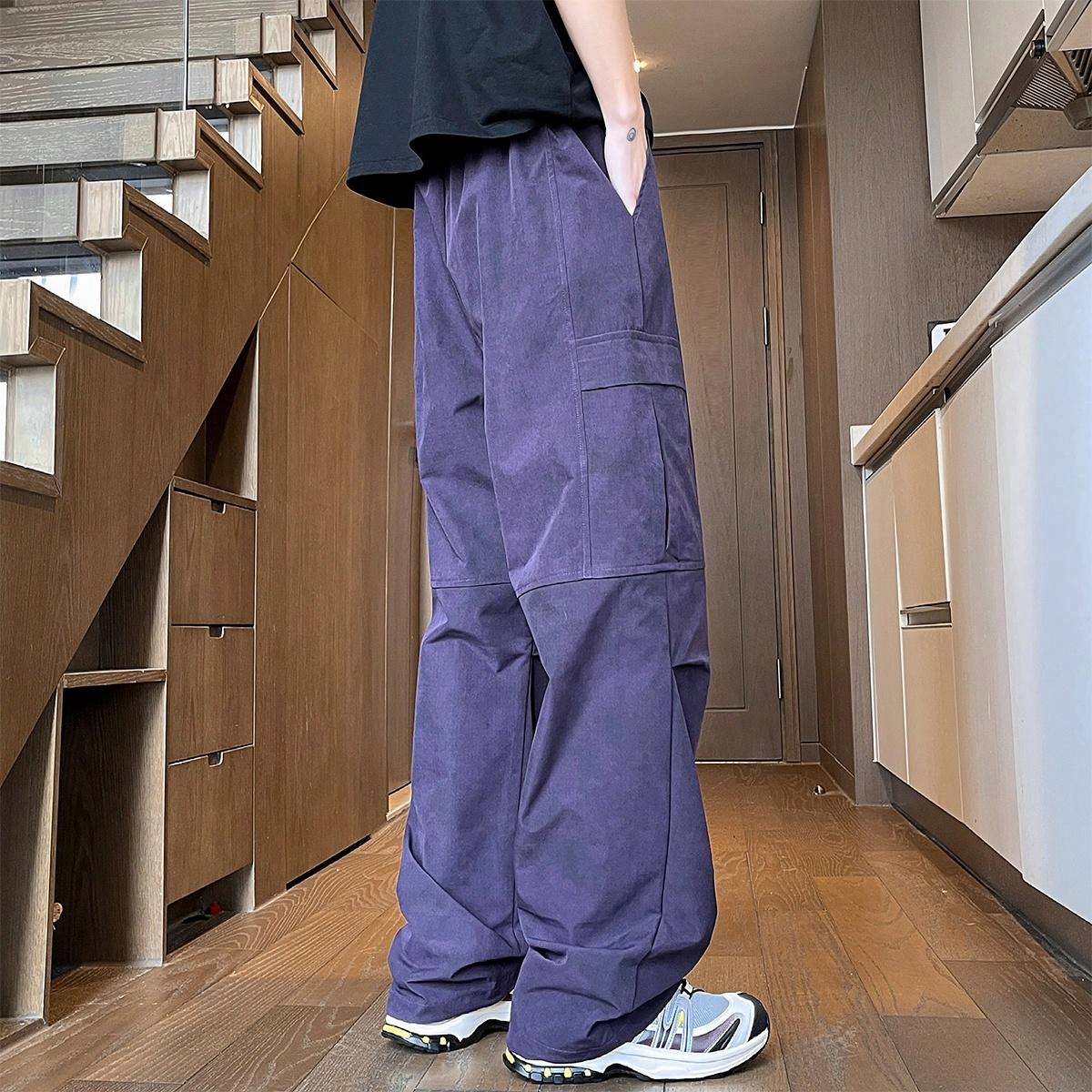 金贝勒 字母印花中腰宽松直筒系带工装裤 男女同款