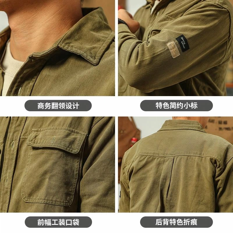 季言 重磅工装衬衫式纯棉翻领美式复古痞帅夹克外套 男款 卡其色