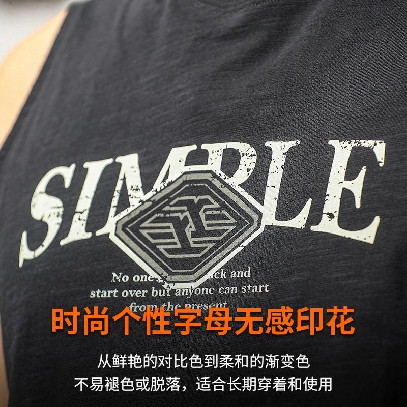 季言 美式复古重磅竹节坎袖外穿无袖圆领印花汗衫背心 男款