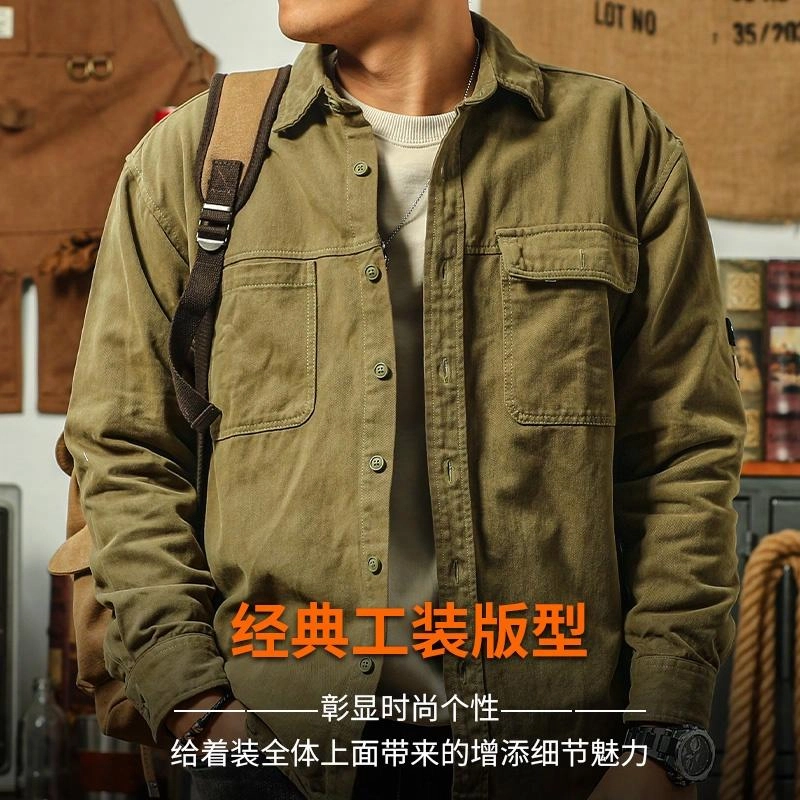 季言 重磅工装衬衫式纯棉翻领美式复古痞帅夹克外套 男款 卡其色