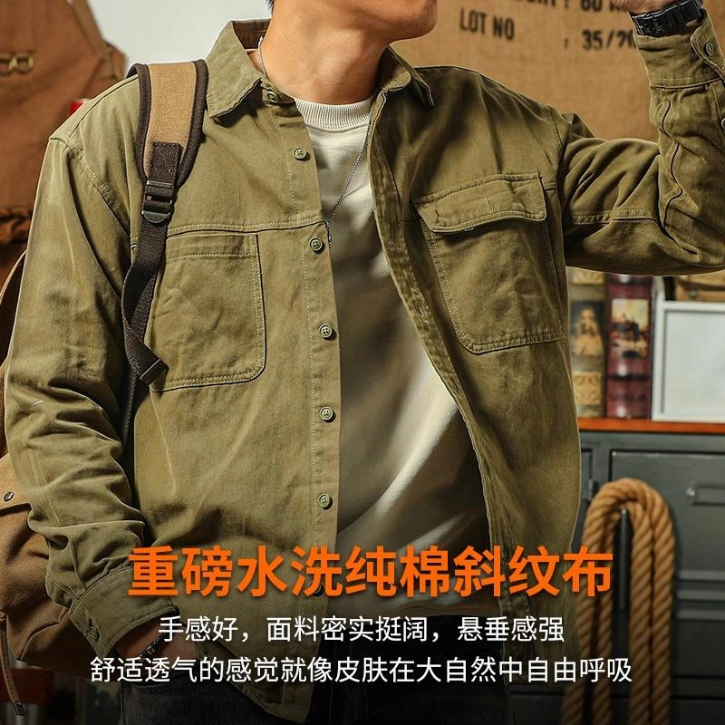 季言 重磅工装衬衫式纯棉翻领美式复古痞帅夹克外套 男款 卡其色