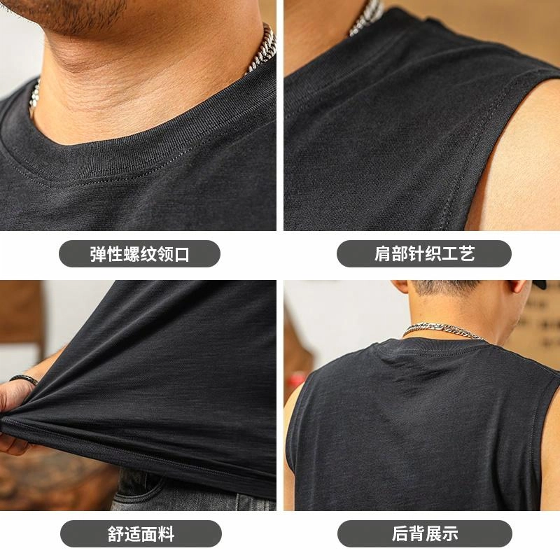 季言 美式复古重磅竹节坎袖外穿无袖圆领印花汗衫背心 男款