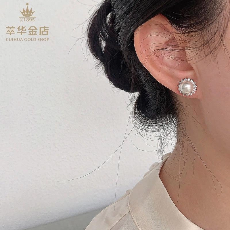 萃华金店 太阳花  轻奢法式精致高级感扁圆 耳饰 珍珠 耳钉 女款