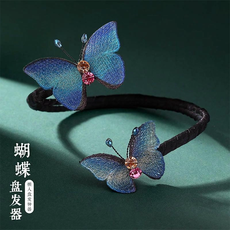 沂茹 新中式森系简约优雅气质刺绣蓝色双蝴蝶丸子头盘发器国潮古风温柔典雅日常通勤百搭轻奢气质 布艺 发圈/头绳 女款