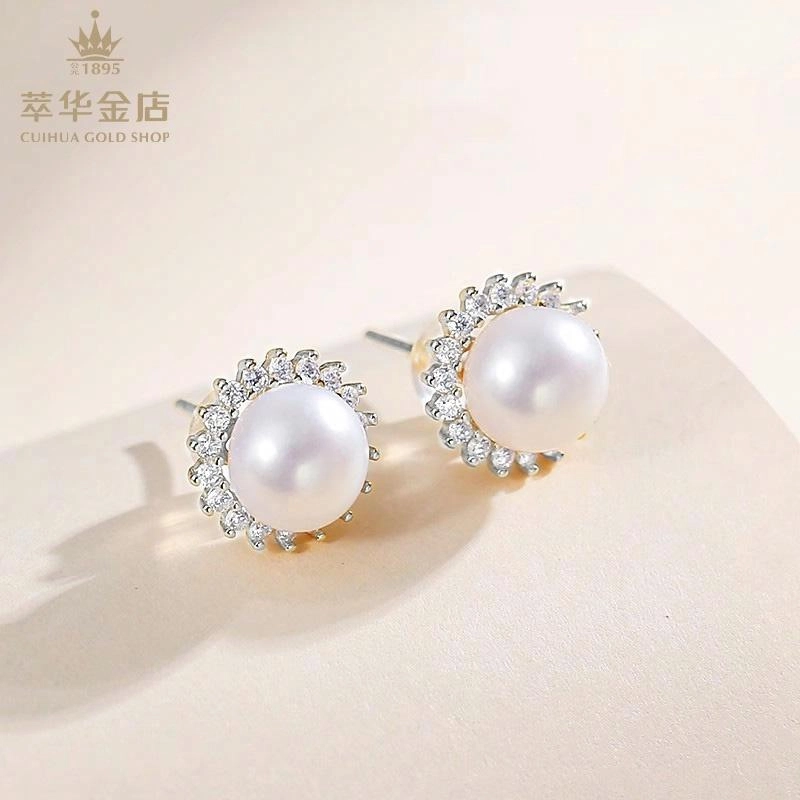 萃华金店 太阳花  轻奢法式精致高级感扁圆 耳饰 珍珠 耳钉 女款