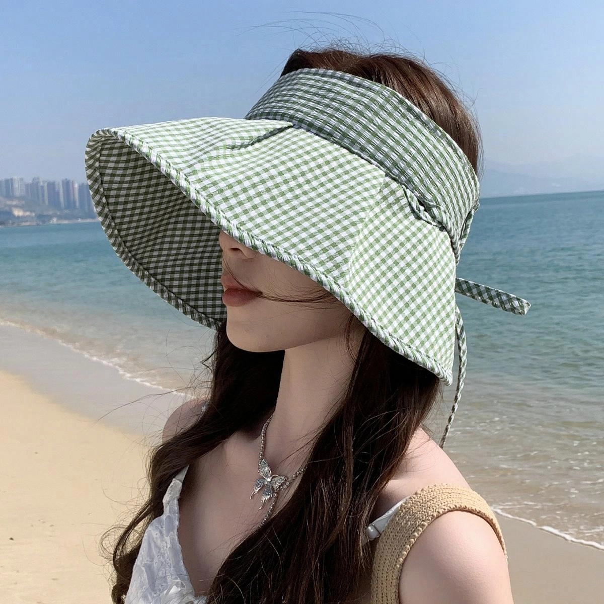 优莲茵 格子空顶夏季蝴蝶结大帽檐遮阳防紫外线 聚酯纤维 防晒帽 女款