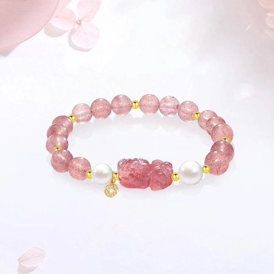 【正缘桃花】 金师傅 貔貅招财纳福吞金兽新中式国潮复古气质可爱甜美小众轻奢高级#好运 草莓晶 手串 男女同款情侣款
