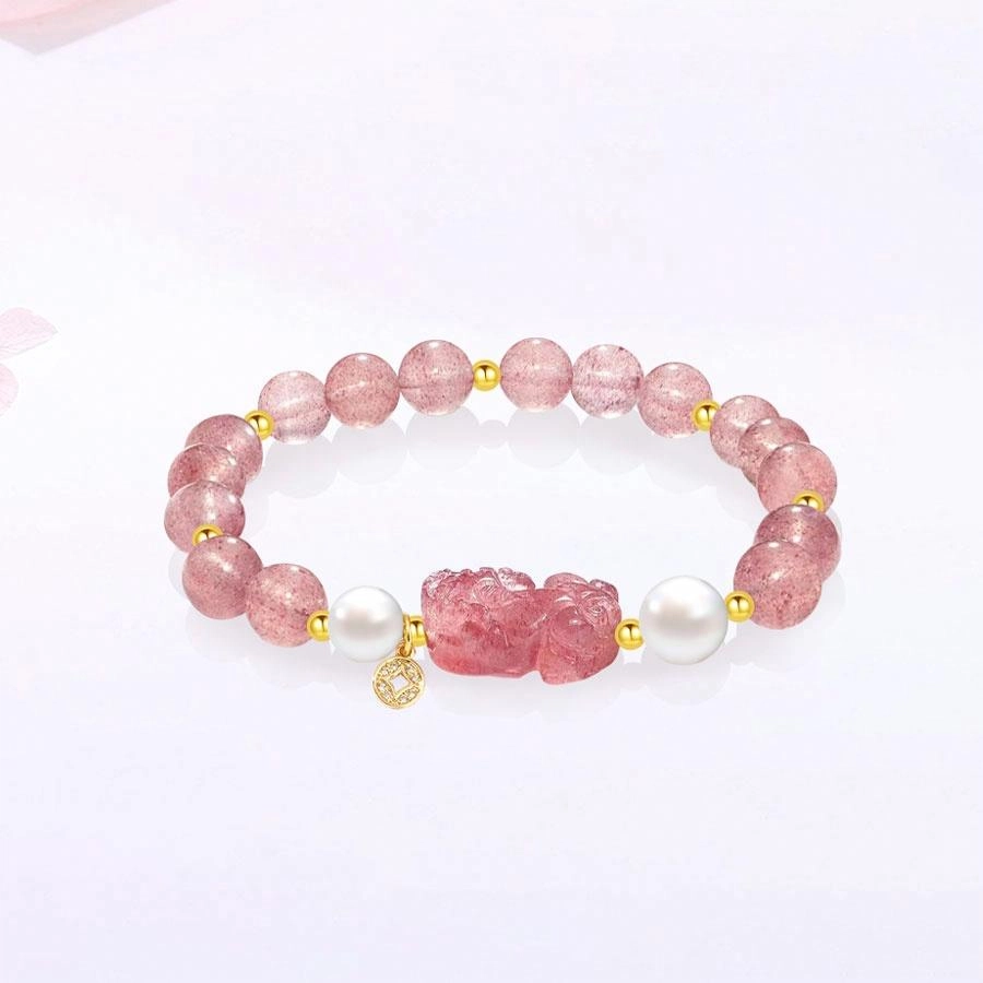 【正缘桃花】 金师傅 貔貅招财纳福吞金兽新中式国潮复古气质可爱甜美小众轻奢高级#好运 草莓晶 手串 男女同款情侣款