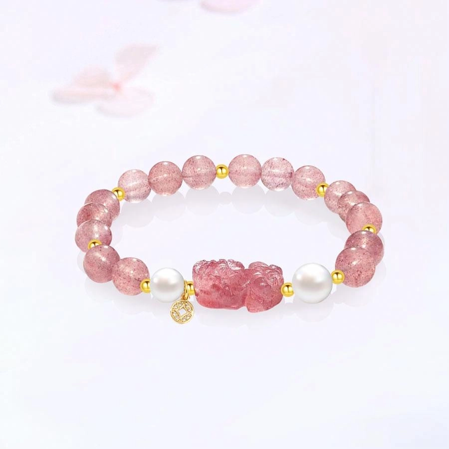 【正缘桃花】 金师傅 貔貅招财纳福吞金兽新中式国潮复古气质可爱甜美小众轻奢高级#好运 草莓晶 手串 男女同款情侣款