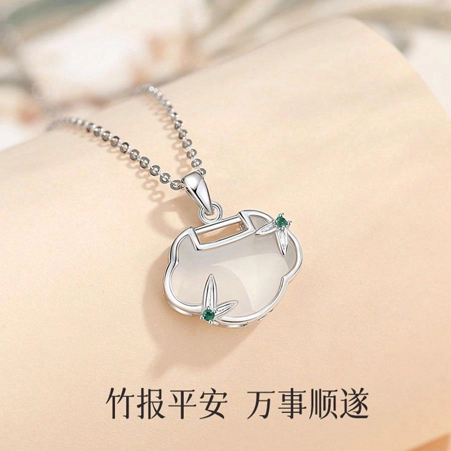【S925银】 金师傅 竹节平安锁吊坠 节节高升新中式国潮复古气质典雅简约百搭清冷感小众轻奢高级#好运 玉髓 玉石项链 男女同款情侣款