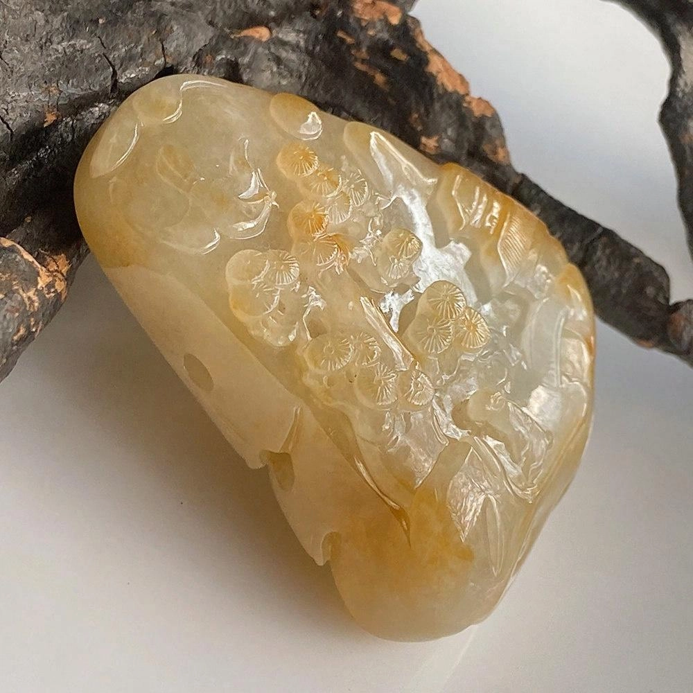 菲燕 黄翡山水牌玉佩 糯种 翡翠吊坠 男女同款情侣款