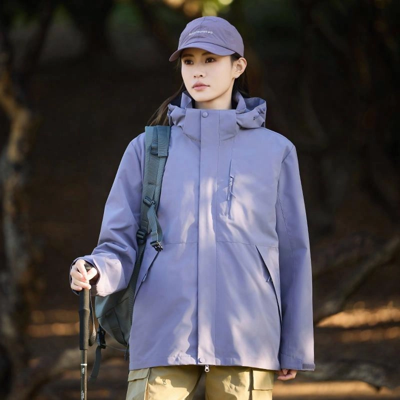 木林森 户外登山三合一防风防雨防泼水可拆卸帽纯色夹克外套 男女同款 凝夜紫