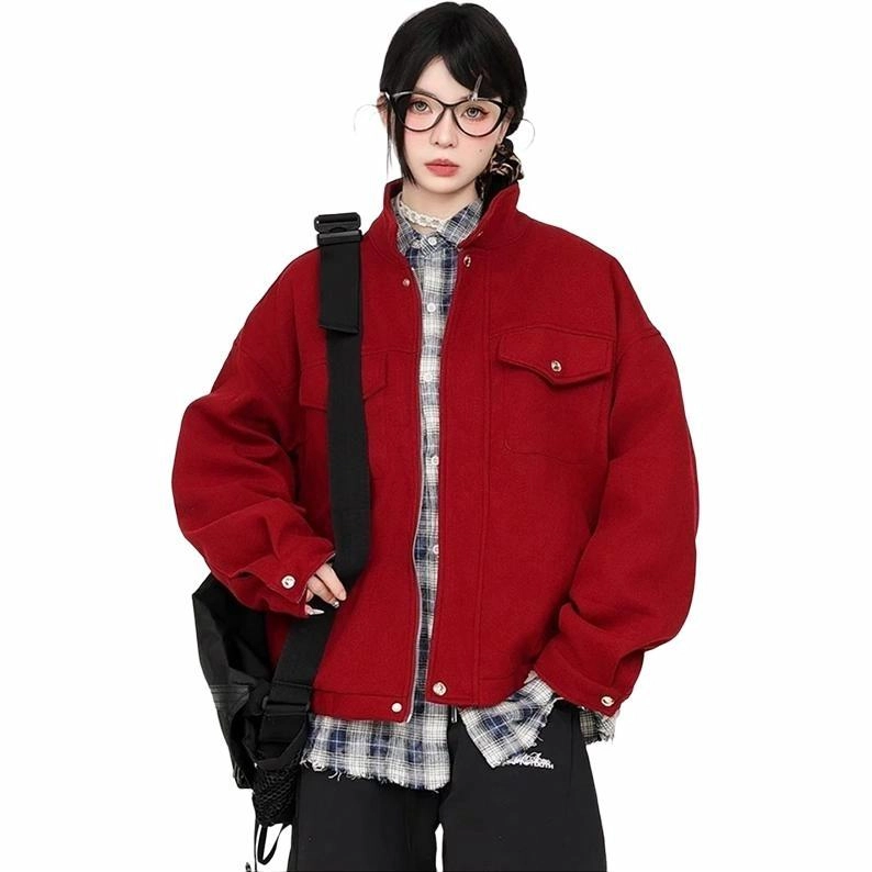 极限涡轮 新中式简约潮流宽松百搭长袖夹克外套 男女同款 红色