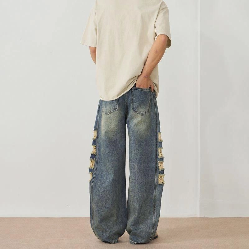 人本 破洞舒适透气百搭简约直筒牛仔裤 男女同款 复古蓝