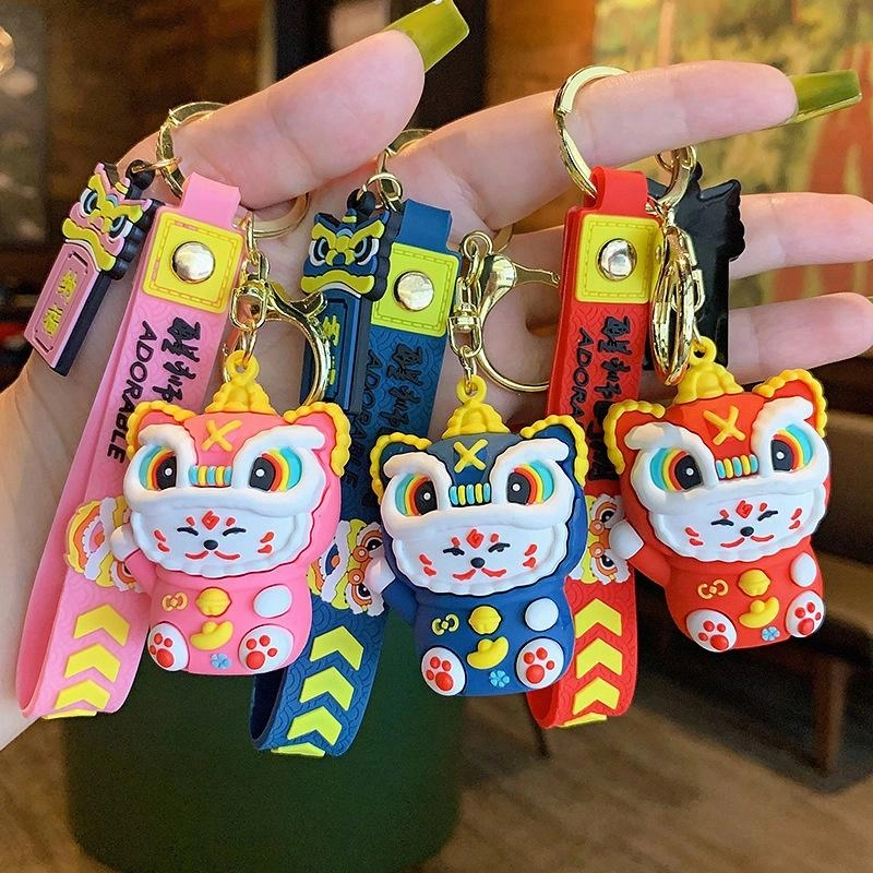 千桐 国潮醒狮招财猫 顺风顺水顺财神 卡通公仔 创意小书包 钥匙 可爱装饰 硅胶 挂件 男女同款情侣款