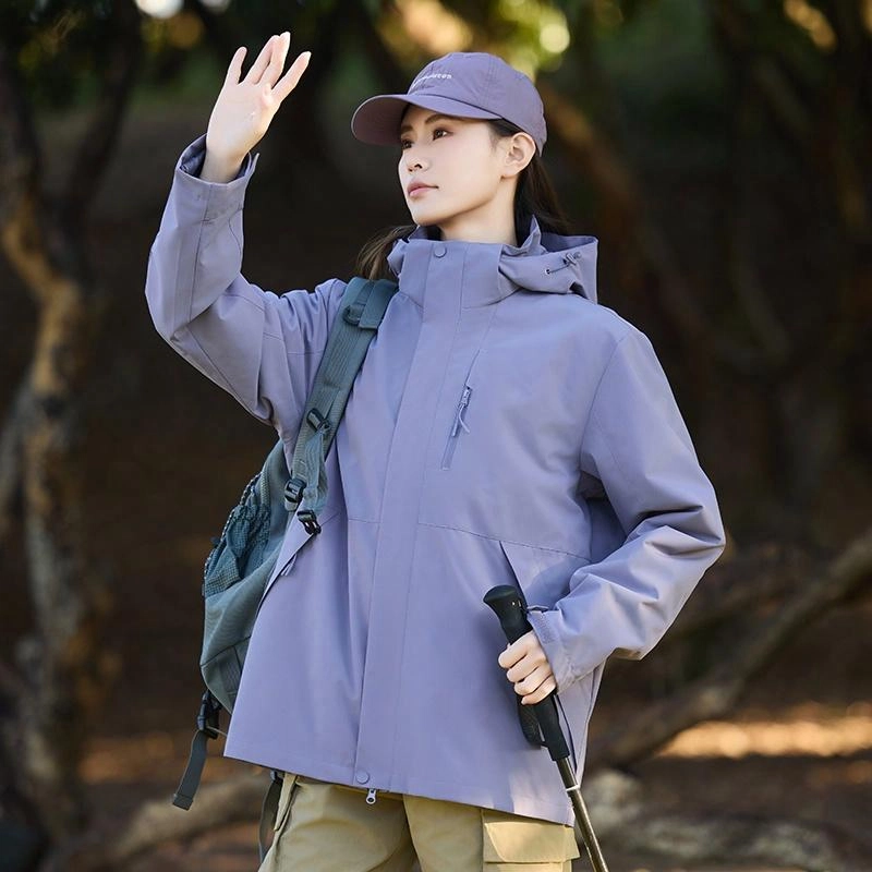 木林森 户外登山三合一防风防雨防泼水可拆卸帽纯色夹克外套 男女同款 凝夜紫