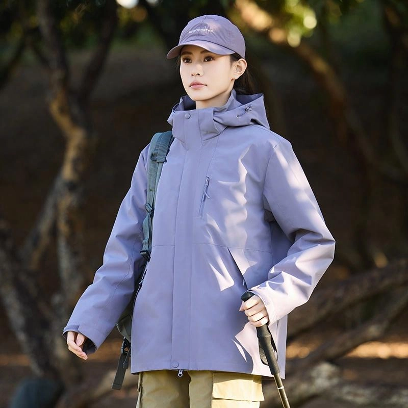 木林森 户外登山三合一防风防雨防泼水可拆卸帽纯色夹克外套 男女同款 凝夜紫