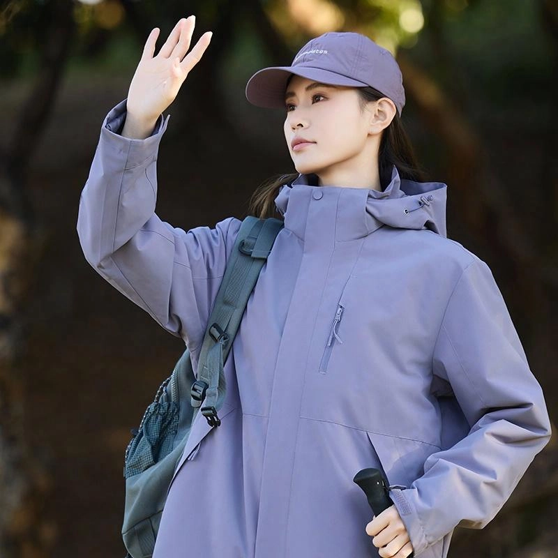 木林森 户外登山三合一防风防雨防泼水可拆卸帽纯色夹克外套 男女同款 凝夜紫