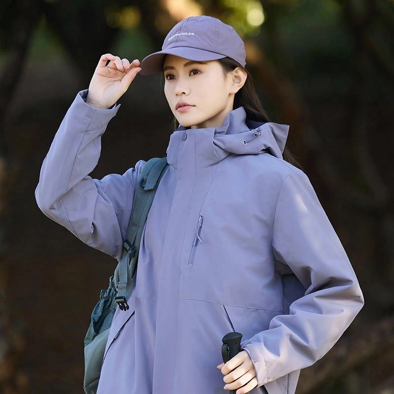 木林森 户外登山三合一防风防雨防泼水可拆卸帽纯色夹克外套 男女同款 凝夜紫