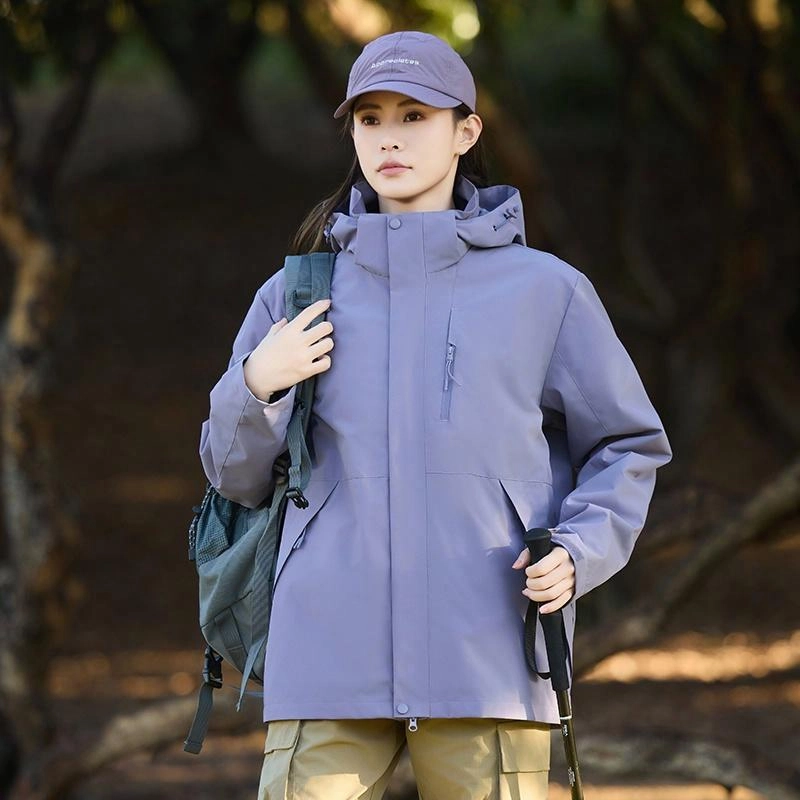 木林森 户外登山三合一防风防雨防泼水可拆卸帽纯色夹克外套 男女同款 凝夜紫