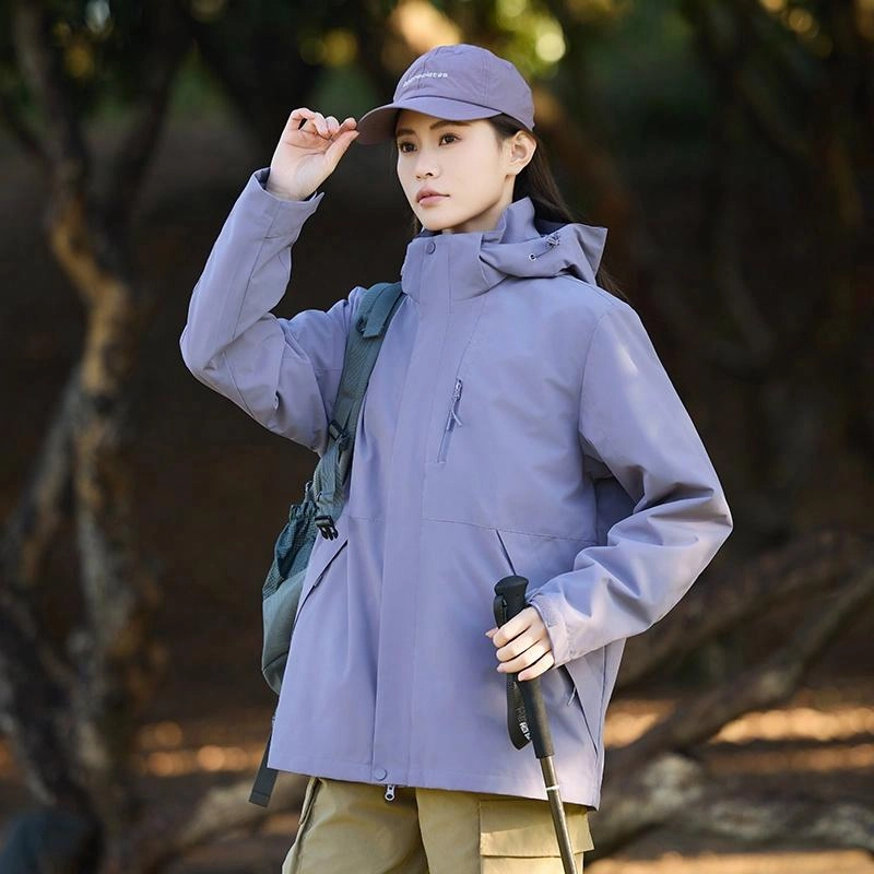 木林森 户外登山三合一防风防雨防泼水可拆卸帽纯色夹克外套 男女同款 凝夜紫