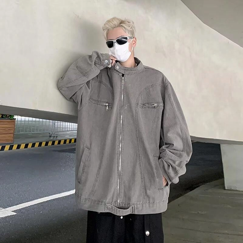 物质公式 美式高街纯色条纹拉链宽松百搭休闲高级水洗做旧长袖教练工装飞行员夹克外套 男女同款