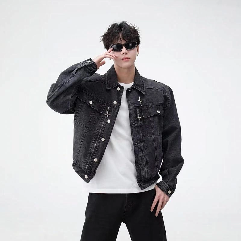 极限涡轮 美式复古水洗做旧翻领拼接撞色高级感牛仔外套 男女同款