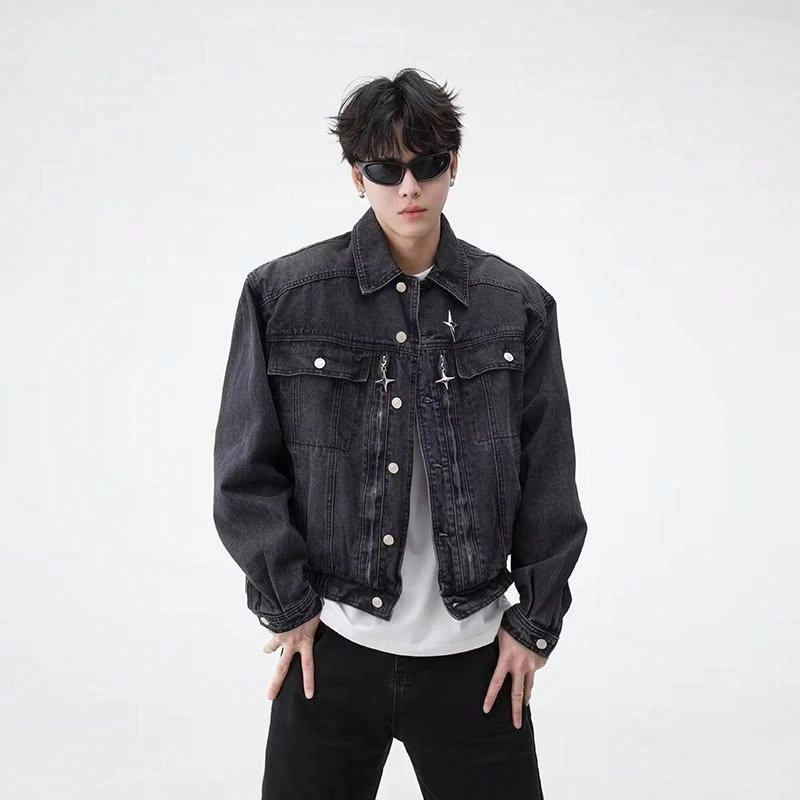 极限涡轮 美式复古水洗做旧翻领拼接撞色高级感牛仔外套 男女同款
