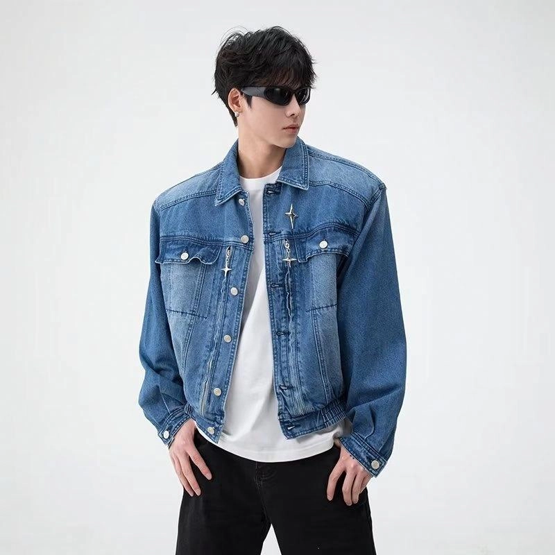 极限涡轮 美式复古水洗做旧翻领拼接撞色高级感牛仔外套 男女同款