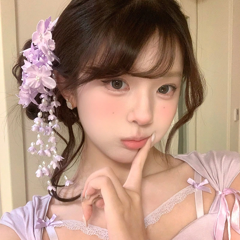 芒果饰品 超仙紫色铃兰花流苏发饰 仿珍珠 布艺 发夹 女款