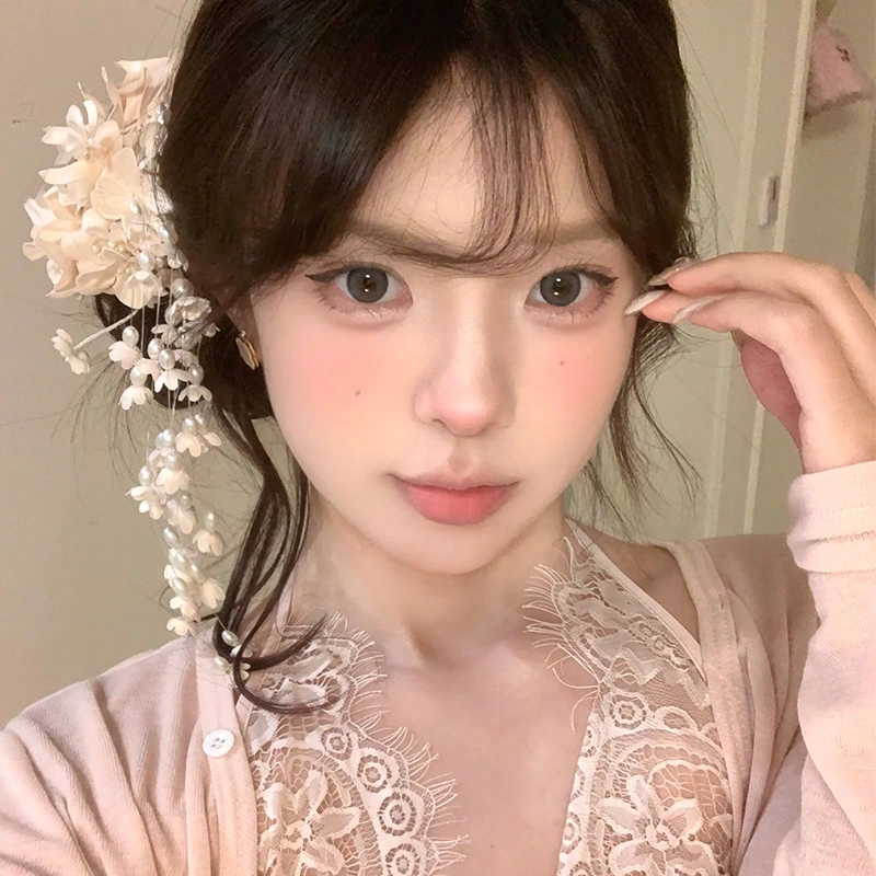 芒果饰品 超仙紫色铃兰花流苏发饰 仿珍珠 布艺 发夹 女款