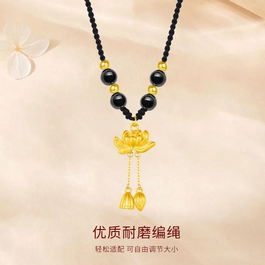 金师傅 莲花两世欢 好运莲莲新中式国潮复古民族风气质简约百搭 小众轻奢设计高级#好运 手工编织 黑曜石 项链 男女同款情侣款