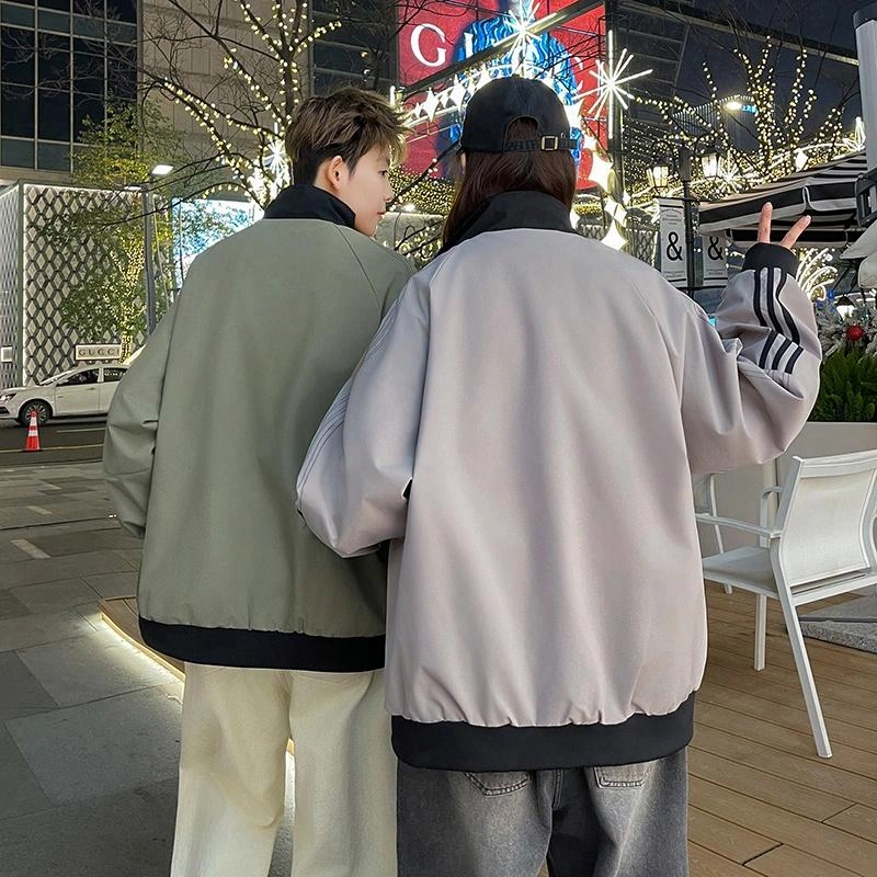 红蜻蜓 美式复古潮牌条纹设计翻领宽松长袖夹克外套 男女同款